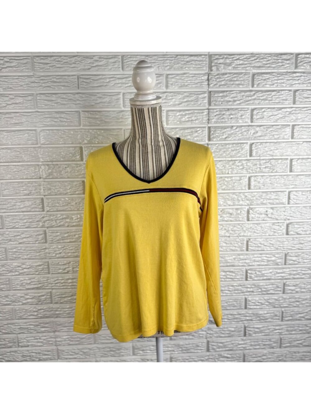 Vtg Y2K Tommy Hilfiger Yellow Long Sleeve Shirt Signature Striped Chest Size 1X